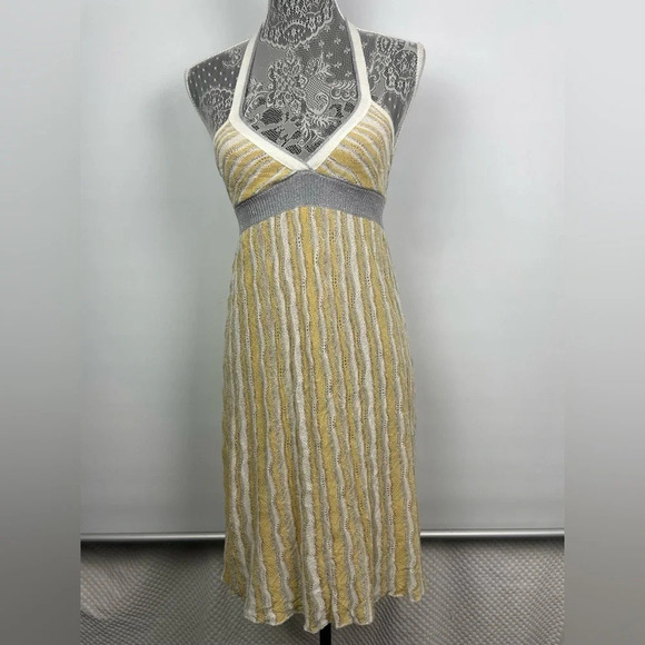 Maje White Yellow Silver Gold Knit Halter Metallic Striped Dress - Picture 1 of 8